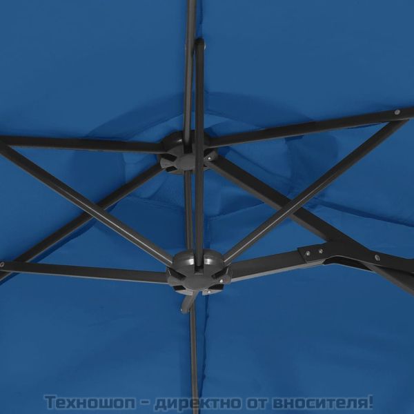 Градински чадър с двоен покрив и LED, лазурносин, 316x145 см