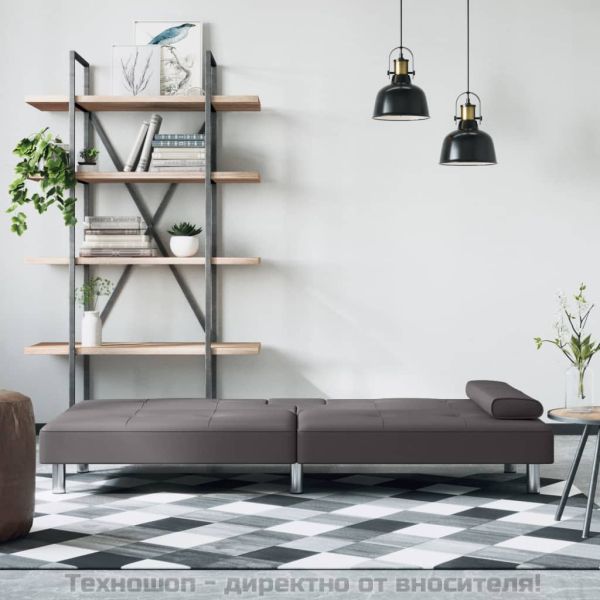 Разтегателен диван с поставки за чаши, сив, изкуствена кожа