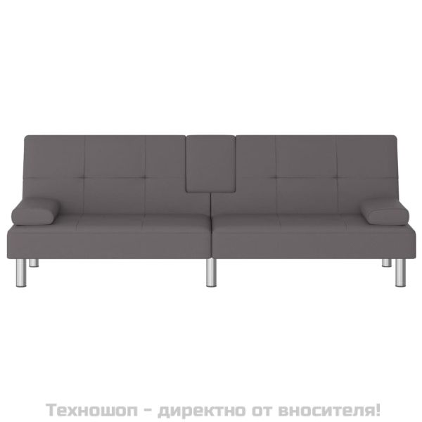 Разтегателен диван с поставки за чаши, сив, изкуствена кожа