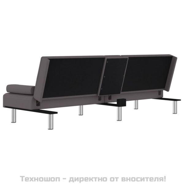 Разтегателен диван с поставки за чаши, сив, изкуствена кожа