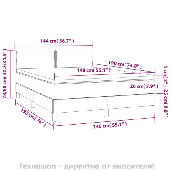 Боксспринг легло с матрак и LED, синьо, 140x190 см, плат