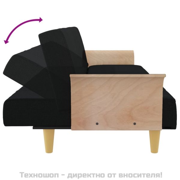 Разтегателен диван с подлакътници, черен, плат