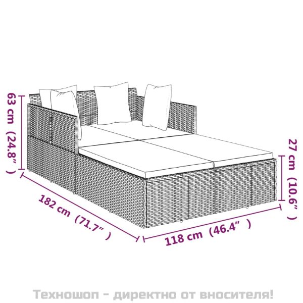 Шезлонг с възглавници, сив, 182x118x63 см, полиратан