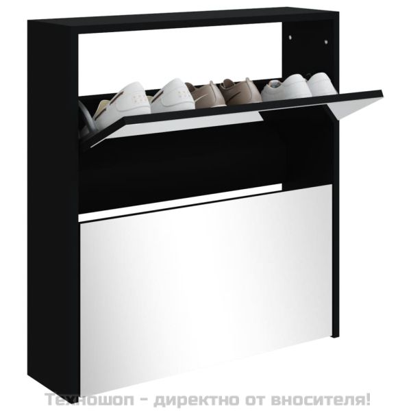 Шкаф за обувки с огледало, 2 нива, черен, 63x17x67 см