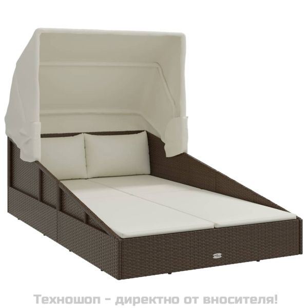 Шезлонг със сгъваем покрив, кафяв, 200x114x128 см, полиратан