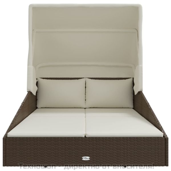 Шезлонг със сгъваем покрив, кафяв, 200x114x128 см, полиратан