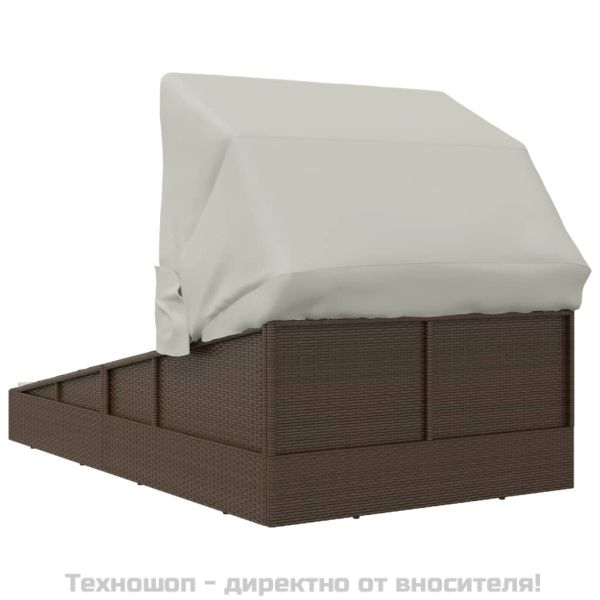 Шезлонг със сгъваем покрив, кафяв, 200x114x128 см, полиратан