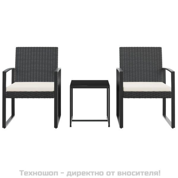 Градински комплект от 3 части с възглавници черен PP ратан