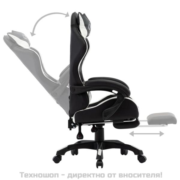 Геймърски стол с подложка за крака бяло/черно изкуствена кожа