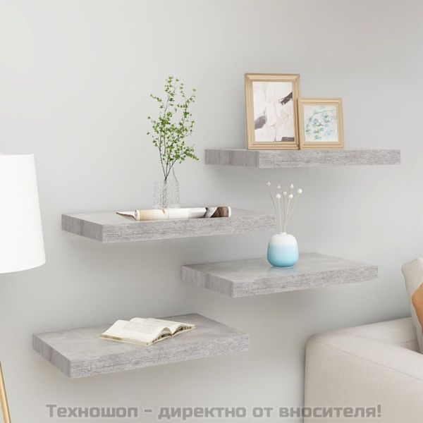 Окачени стенни рафтове, 4 бр, бетонно сиви, 50x23x3,8 см, МДФ