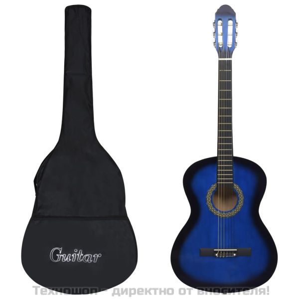 Класическа китара за начинаещи с калъф, синя, 4/4, 39"