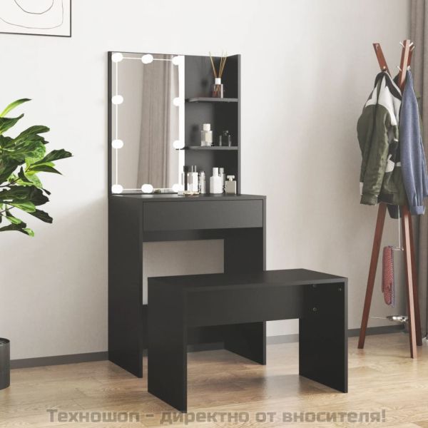 Комплект тоалетка с LED, черна, инженерно дърво