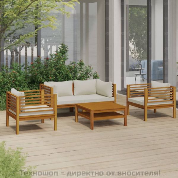 Градински комплект с кремави възглавници, 5 части, акация масив