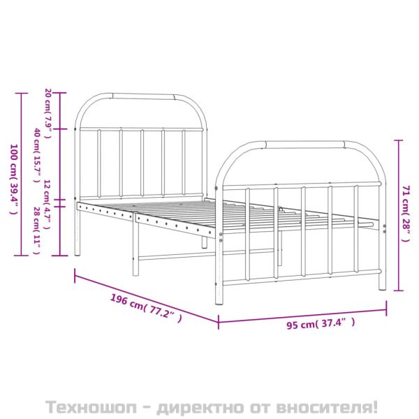 Метална рамка за легло с горна и долна табла, бяла, 90x190 см