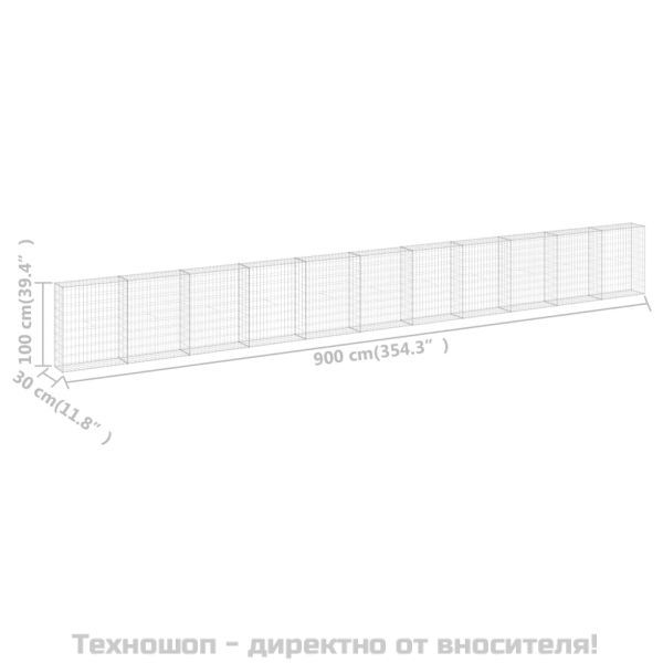 Габионна стена с капаци, поцинкована стомана, 900x30x100 см