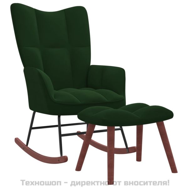 Люлеещ се стол с табуретка, тъмнозелен, кадифе