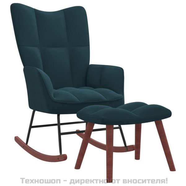 Люлеещ се стол с табуретка, син кадифе