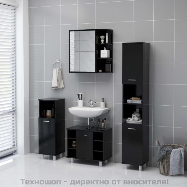 Шкаф за баня с огледало, черен, 62,5x20,5x64см, инженерно дърво