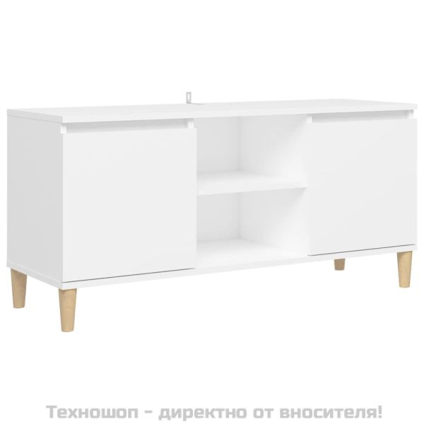 ТВ шкаф с крака от масивно дърво, бял, 103,5x35x50 см