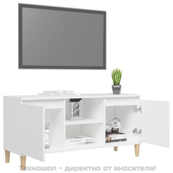 ТВ шкаф с крака от масивно дърво, бял, 103,5x35x50 см