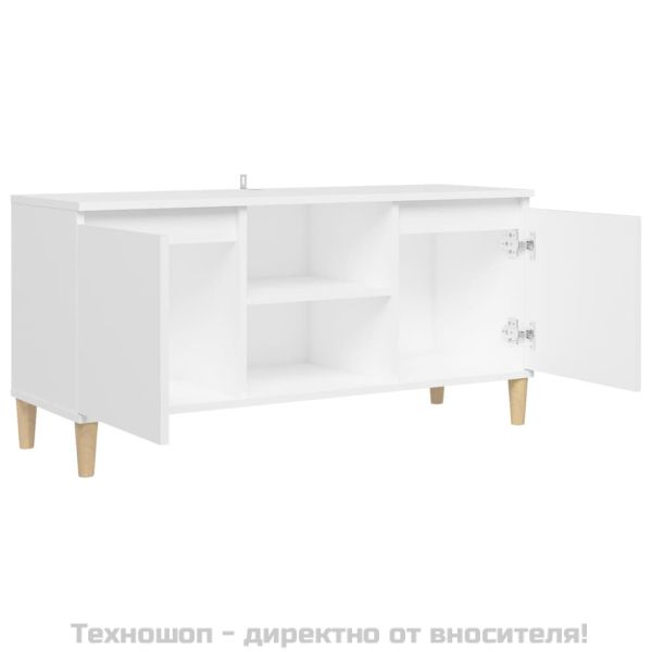 ТВ шкаф с крака от масивно дърво, бял, 103,5x35x50 см