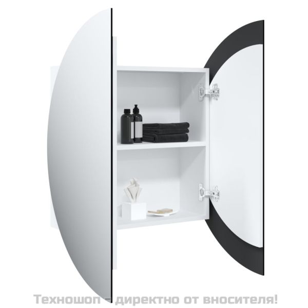 Шкаф за баня с кръгло огледало и LED, бял, 54x54x17,5 см