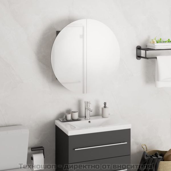 Шкаф за баня с кръгло огледало и LED, сив, 40x40x17,5 см