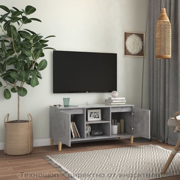 ТВ шкаф с крака от масивно дърво, бетонно сив, 103,5x35x50 см