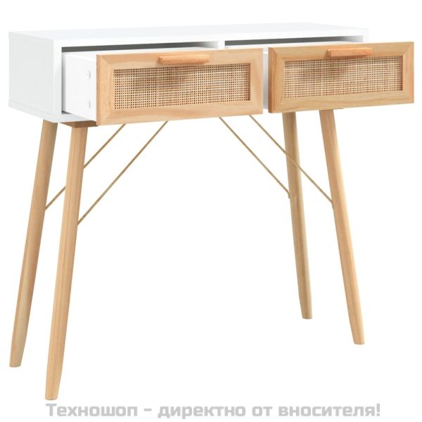 Конзолна маса, бяла, 80x30x75 см, бор масив и естествен ратан