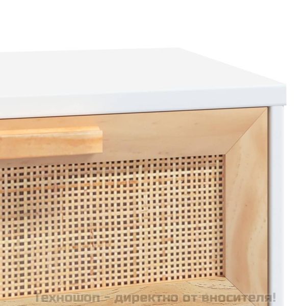 Конзолна маса, бяла, 80x30x75 см, бор масив и естествен ратан