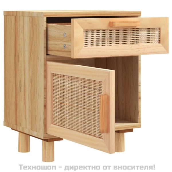 Нощно шкафче, кафяво, борово дърво масив и естествен ратан