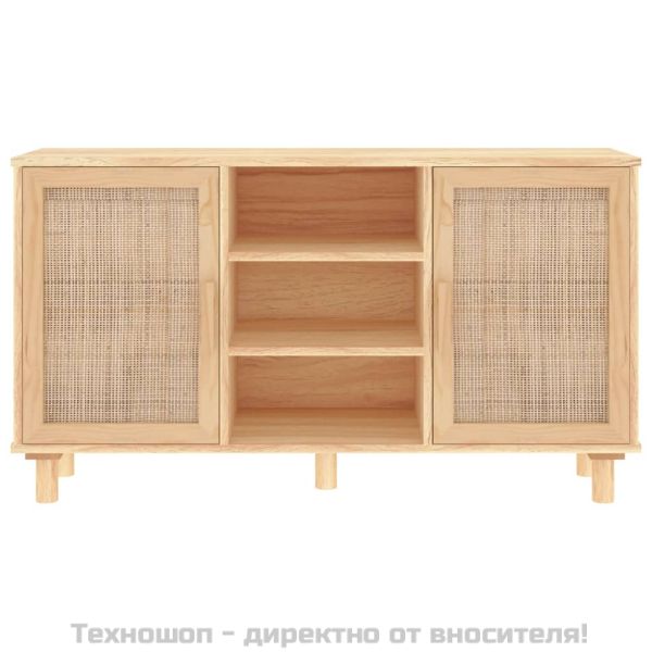 Сайдборд, кафяв, 105x30x60 см, бор масив и естествен ратан