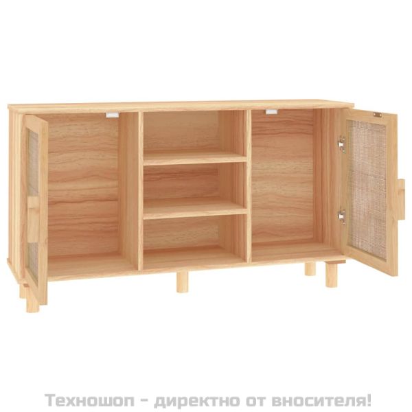 Сайдборд, кафяв, 105x30x60 см, бор масив и естествен ратан