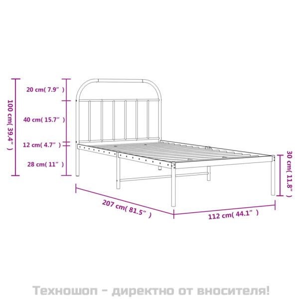 Метална рамка за легло с горна табла, черна, 107x203см