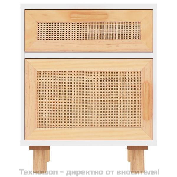 Нощно шкафче, бяло, борово дърво масив и естествен ратан