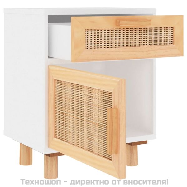 Нощно шкафче, бяло, борово дърво масив и естествен ратан