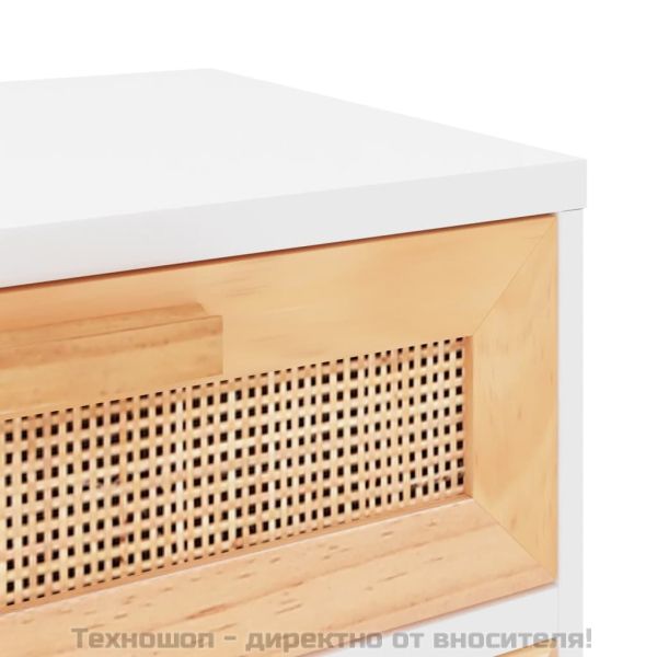 Нощно шкафче, бяло, борово дърво масив и естествен ратан