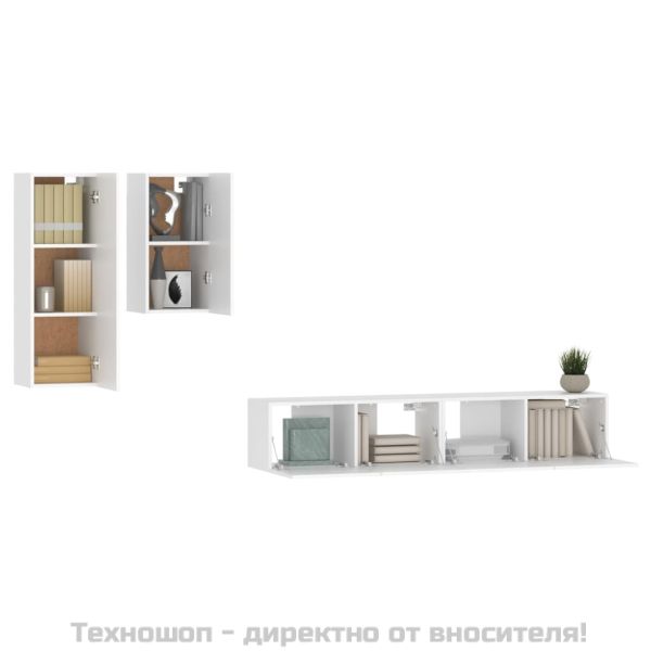 Комплект ТВ шкафове от 4 части, инженерно дърво, бял гланц
