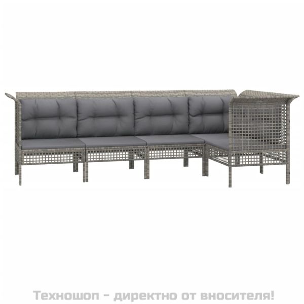 Градински лаундж комплект с възглавници 5 части сив полиратан