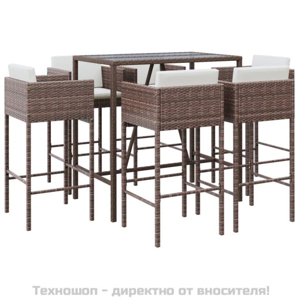 Градински бар комплект с възглавници 7 части кафяв полиратан