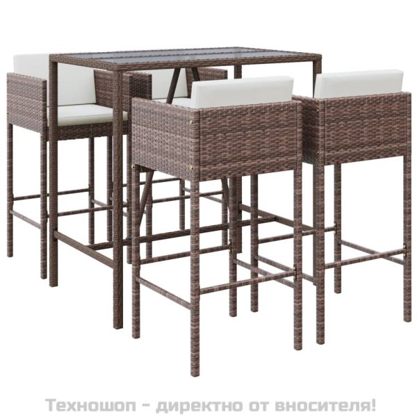 Градински бар комплект с възглавници 5 части кафяв полиратан