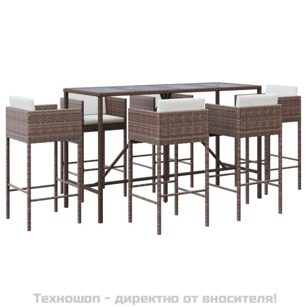 Градински бар комплект с възглавници 7 части кафяв полиратан