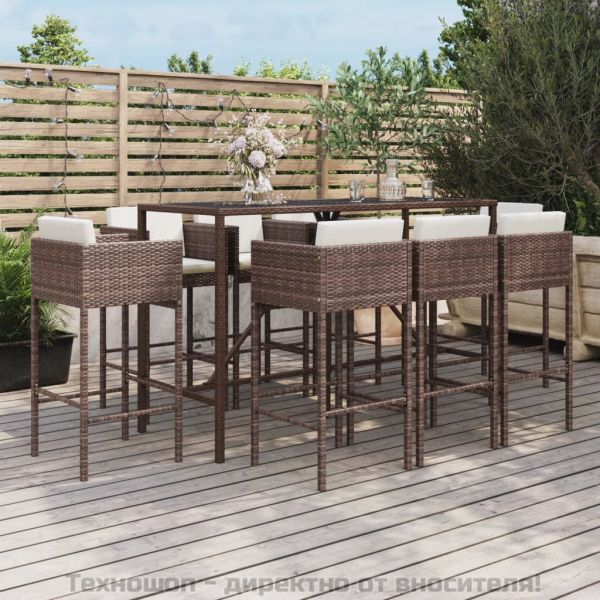 Градински бар комплект с възглавници 9 части кафяв полиратан