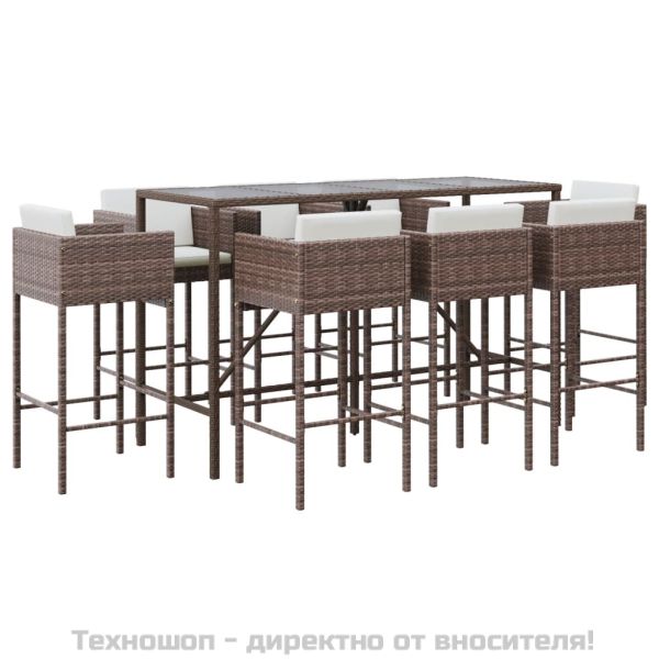 Градински бар комплект с възглавници 9 части кафяв полиратан