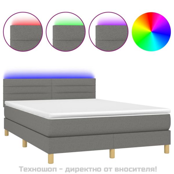 Боксспринг легло с матрак и LED, тъмносиво, 140x200 см, плат