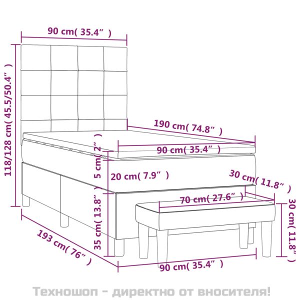 Боксспринг легло с матрак, тъмносив, 90x190 см, плат