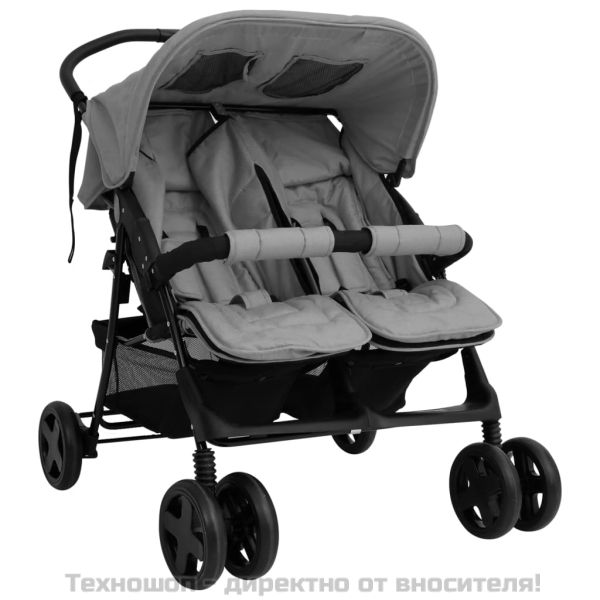 Количка за близнаци, светлосива, стомана