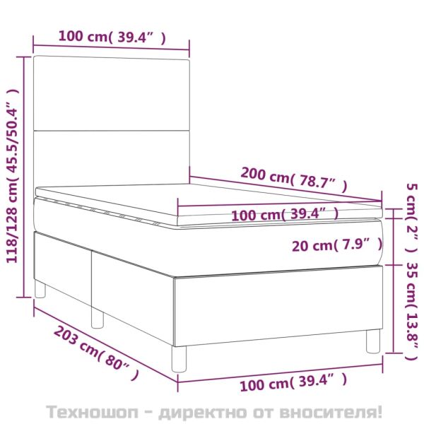 Боксспринг легло с матрак, тъмносиво, 100x200 см, кадифе