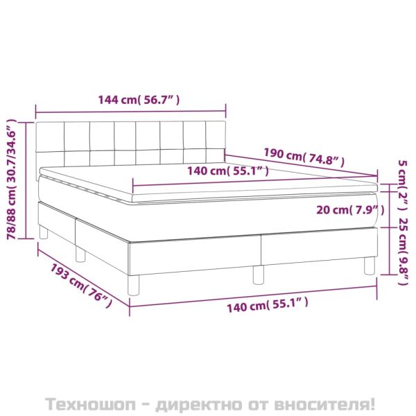 Боксспринг легло с матрак и LED, тъмносиво, 140x190 см, плат