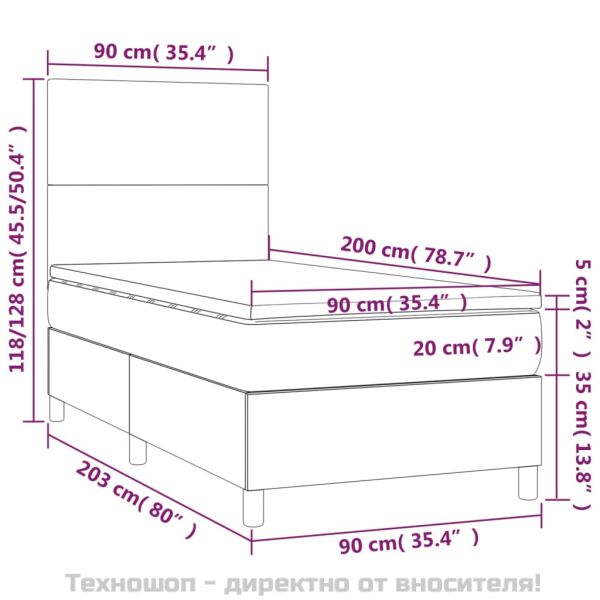 Боксспринг легло с матрак, тъмносиво, 90x200 см, плат